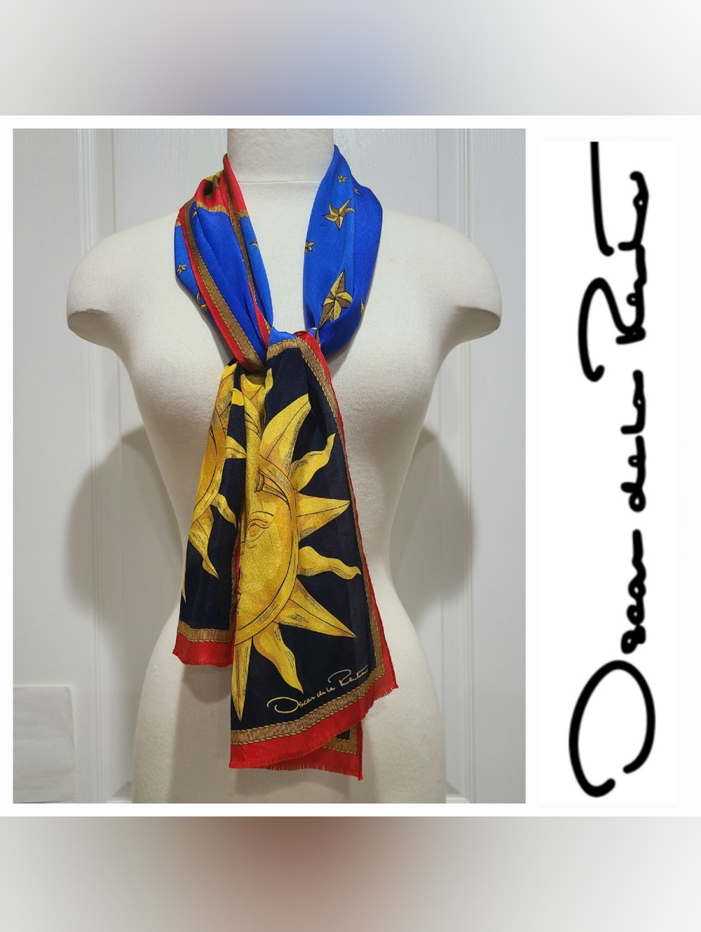Oscar de la Renta Vintage Oblong Scarf Blue/Red/Yellow Celestial Print - Picture 10 of 10